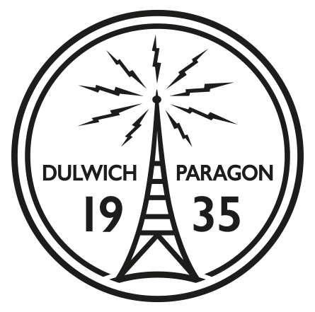 Logo featuring a stylized radio tower emitting lightning bolt signals inside a circular border with text 'DULWICH PARAGON' and the year '1935'.