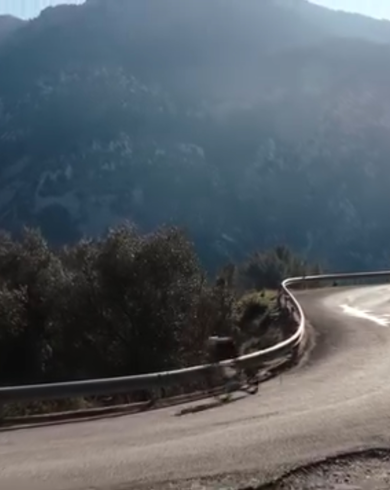 Curving mountain road with metal guardrails, surrounded by trees, with a misty mountain landscape in the background.
