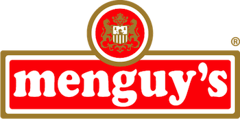 Logo rouge et blanc de Menguy's avec un blason orné au centre.