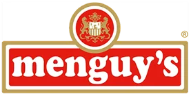 Logo de Menguy's avec un écusson rouge au-dessus du nom stylisé en blanc sur fond rouge.