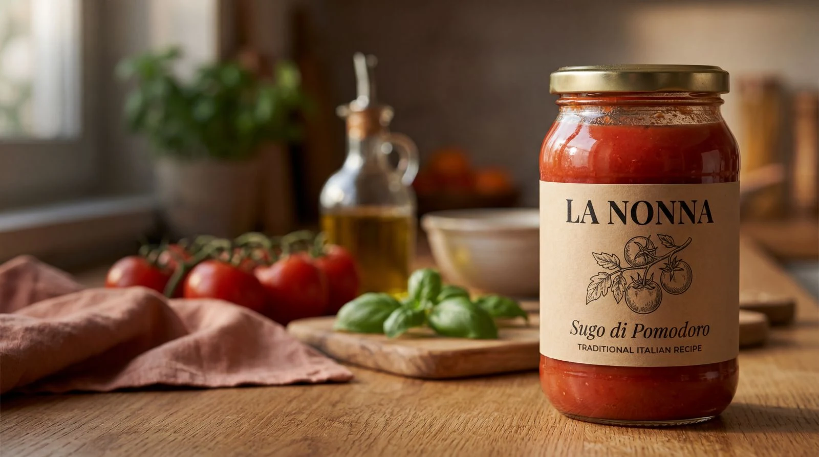 Une cuisine moderne avec un pot de sauce tomate premium, des tomates cerises, du basilic et une cuillère en bois sur un comptoir en marbre.