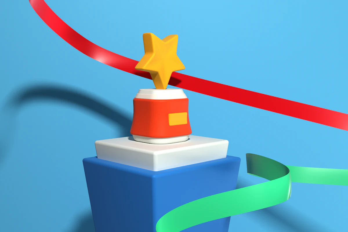 A star trophy on a pedestal with ribbons, marked as an approved submission