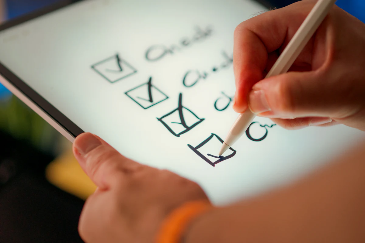 A hand ticking off items on a checklist with a stylus