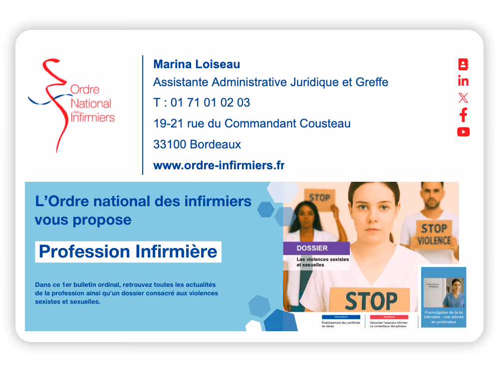 Exemple de rendu de singnature email. L'Ordre National des infirmiers utilise et recommande Sigilium pour la gestion des signatures email.