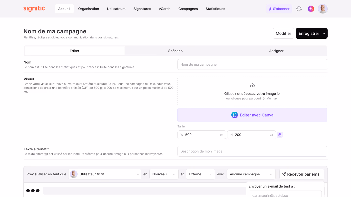 Interface Signitic de création de campagne de signature email