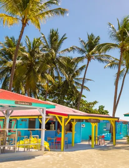 Paillotes et terrasse du Yureli Beach Bar sous les palmiers à l’hôtel Résidence & Spa Mahogany, le Gosier Guadeloupe.