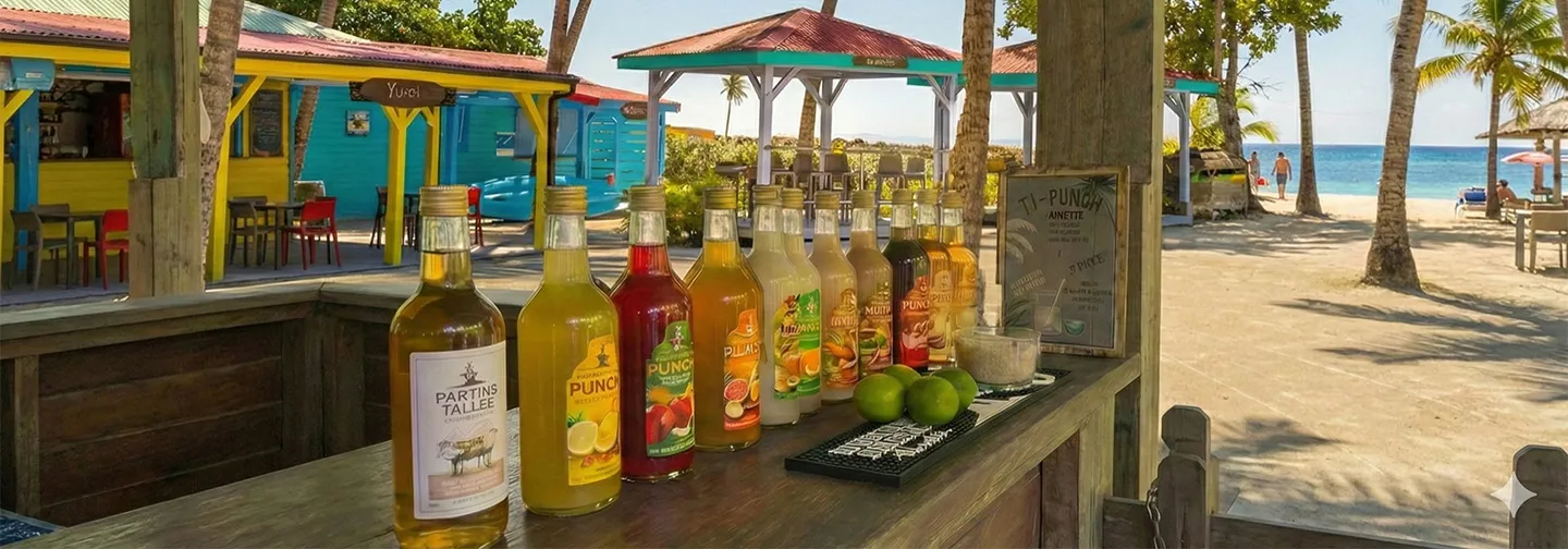 A selection of rum infusions lined up on the bar counter at the Mahogany Hôtel Résidence & Spa, Guadeloupe.