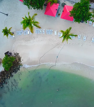 Vista aérea parcial de la playa del Mahogany Hôtel, con sus aguas cristalinas y sombrillas rosas, Le Gosier, Guadalupe.