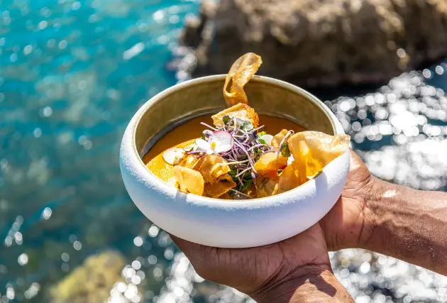 Gros plan d'un bol de plat créole coloré tenu à deux mains devant l'eau du Mahogany Hôtel Résidence & Spa.