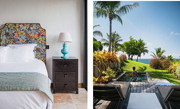 Diptych showing a colorful bedroom (left) and a terrace with private pool and sea view (right). Mahogany Hotel Residence & Spa, Guadeloupe.