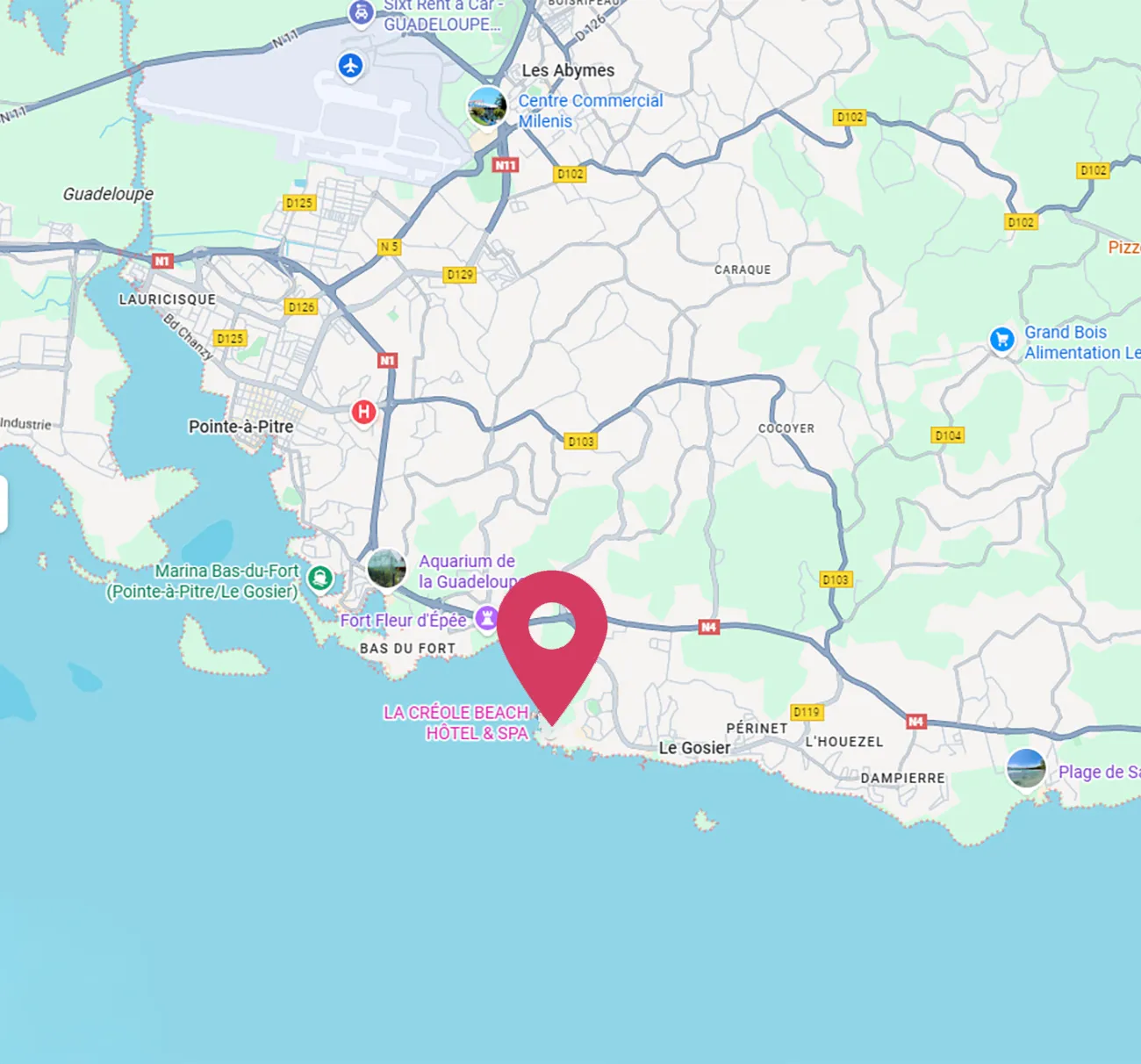 Map showing La Créole Beach Hotel & SPA near Pointe-à-Pitre in Guadeloupe with a red marker.