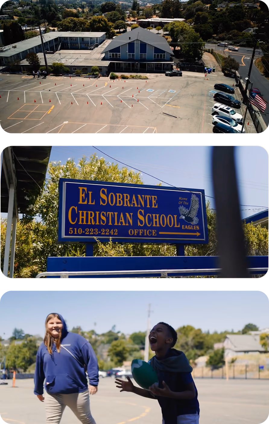 Aerial view of a school parking lot, a sign for El Sobrante Christian School, and two children playing outside.
