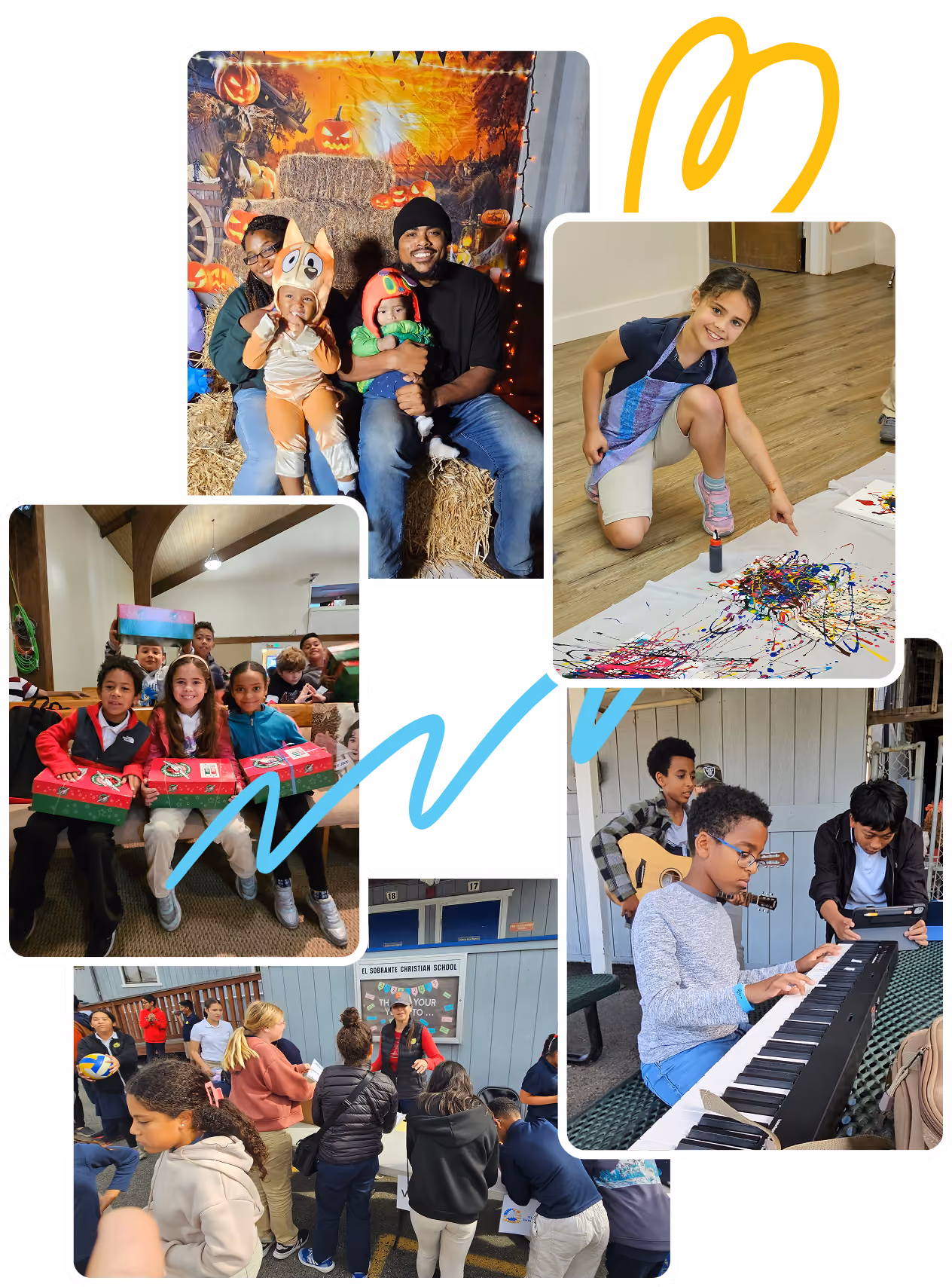 Collage of kids and adults: Halloween family, kids with gifts, painting girl, music players, group outdoors.