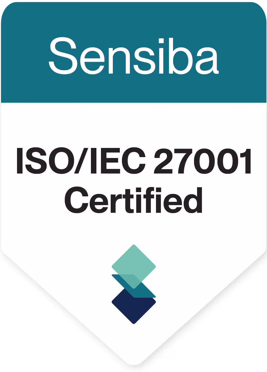 Sensiba badge indicating ISO/IEC 27001 certification with three overlapping diamond shapes below.