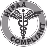 Circular badge with caduceus symbol and text 'HIPAA Compliant' around the edge.