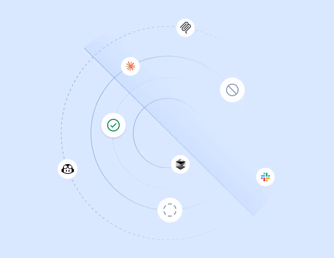 Radar-like graphic with various app and software icons scattered around a blue circular grid.