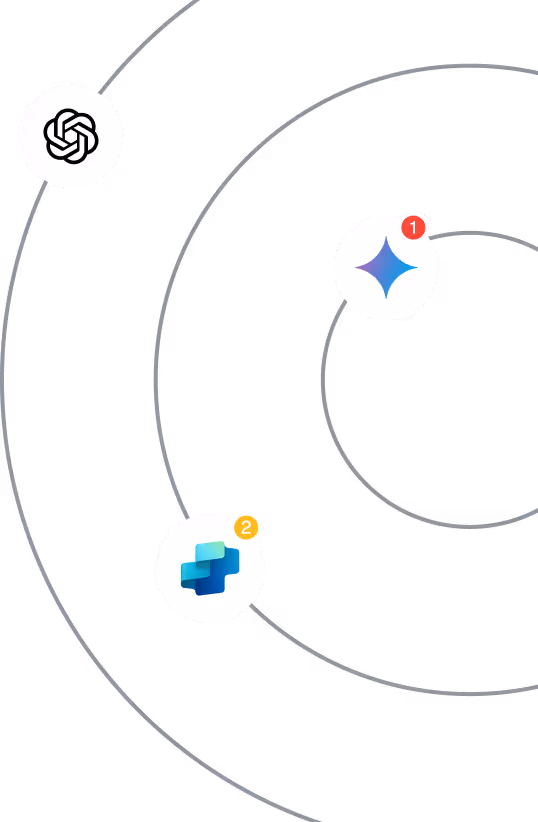 Icons of three AI tools on concentric dotted circles, with notification badges on two icons.