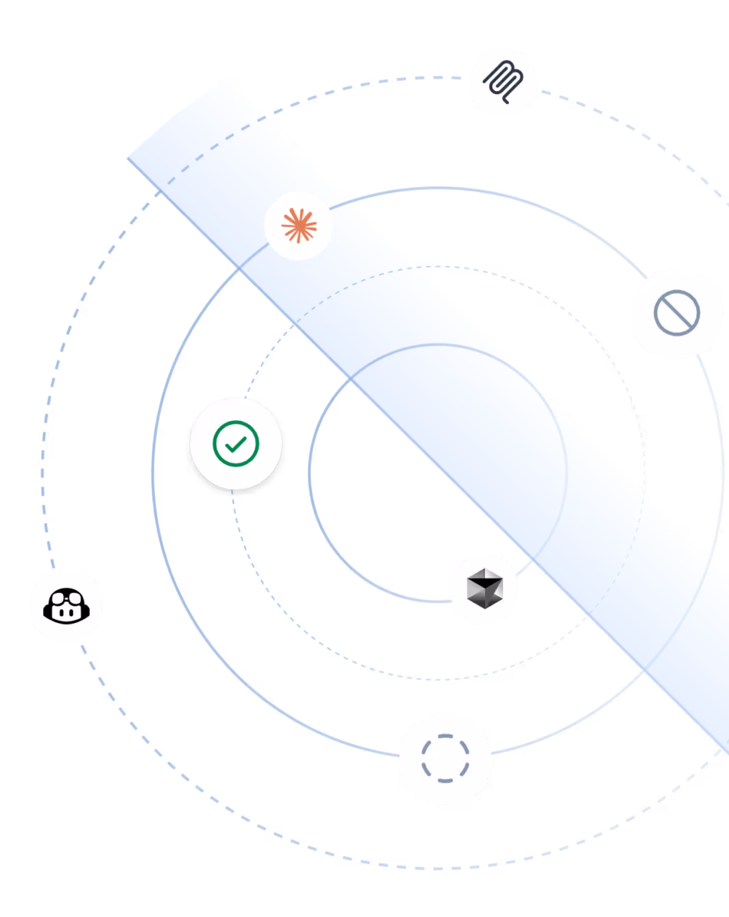 Blue diagonal bar overlays concentric dashed circles with various abstract icons inside white circles.