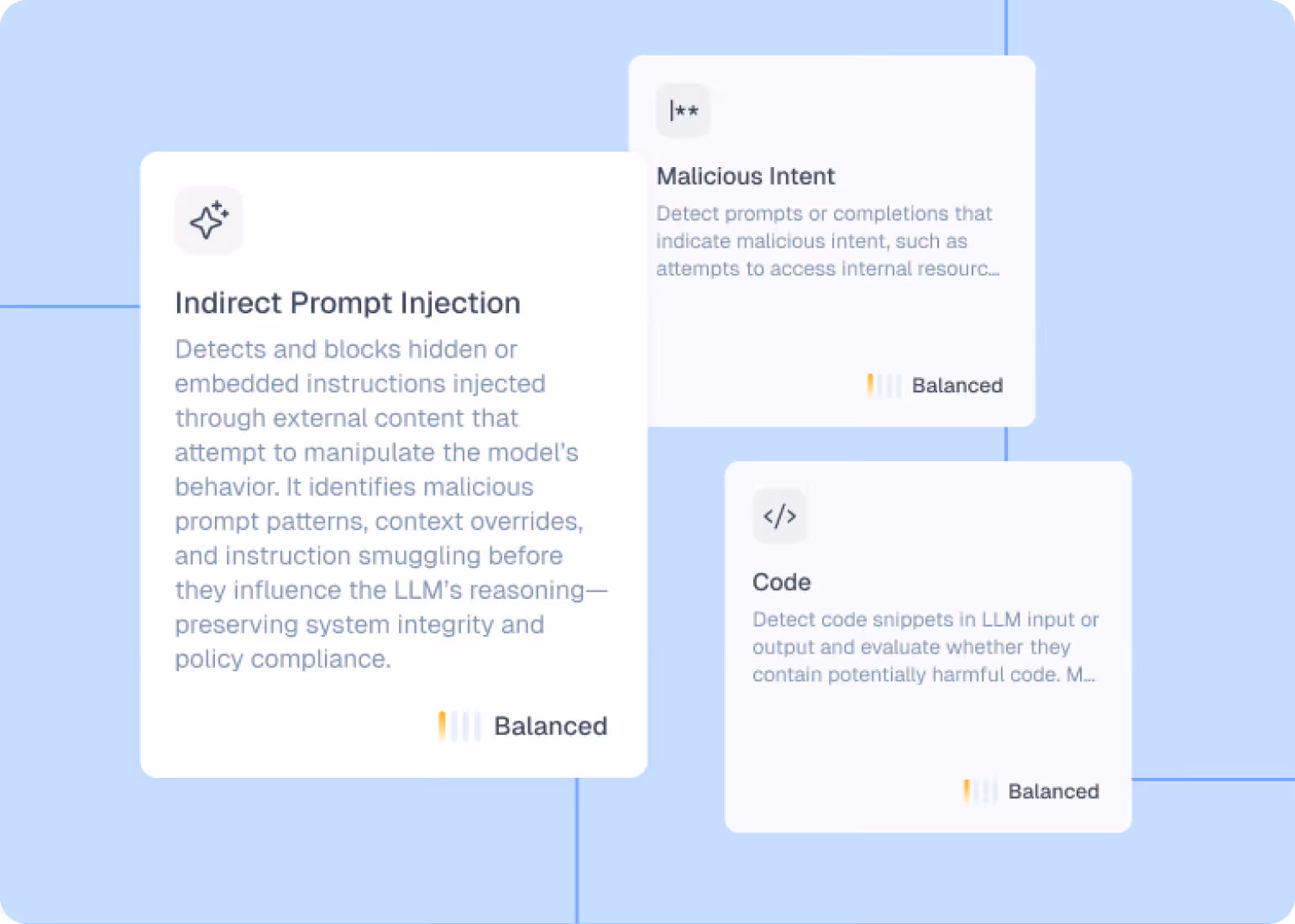 Three cards describe AI safety features: Indirect Prompt Injection, Malicious Intent, and Code detection, all Balanced.