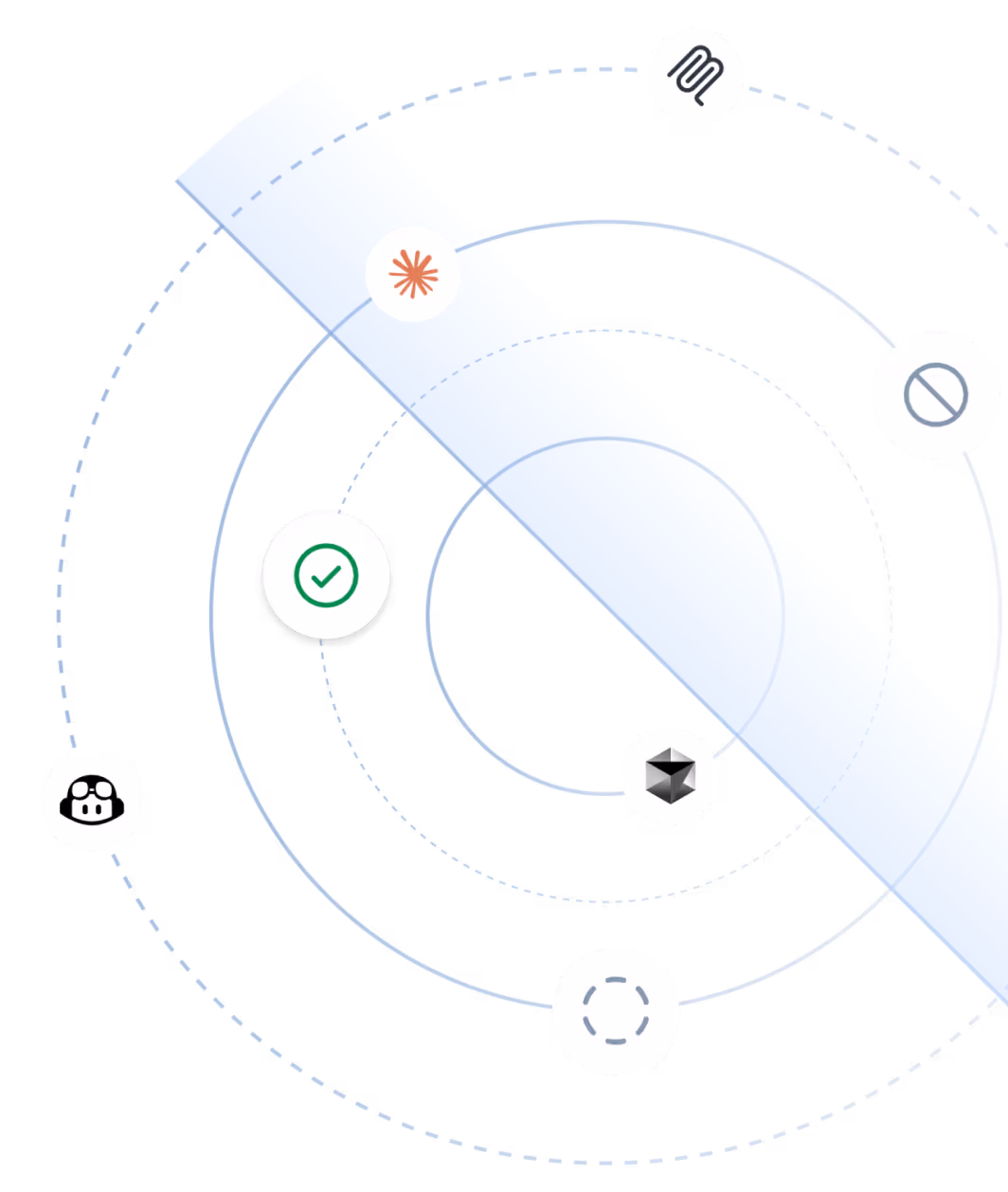 Circular orbit lines with various unique black and white icons positioned around a diagonal blue bar.