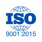 ISO 9001:2015 certification logo with blue text and globe design.