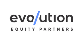 Evolution logo with a stylized 'e' symbol in blue and black letters on white background.