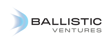 Logo with a stylized blue gradient arrow shape and the text Ballistic Ventures in black.