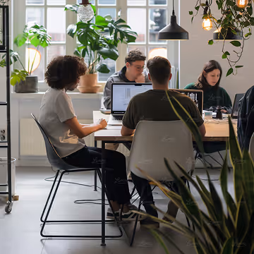 Group of four people working on laptops at a table in a bright, plant-filled office space.