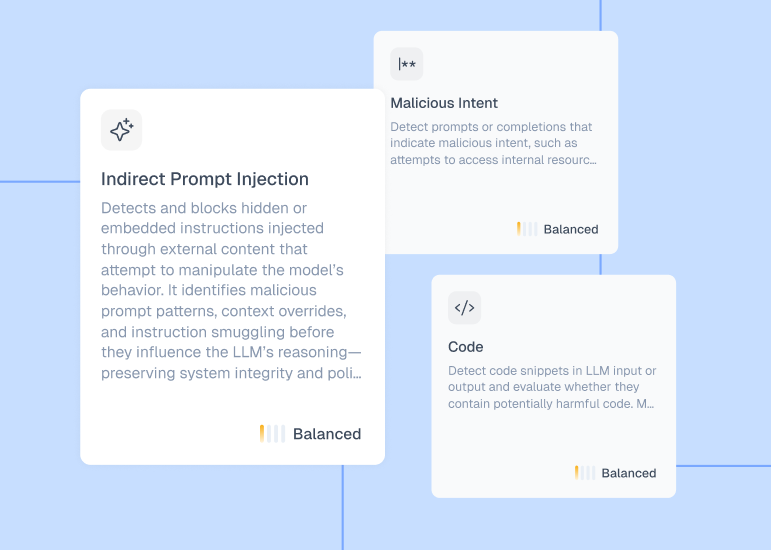 Cards showing security features: Indirect Prompt Injection, Malicious Intent, and Code detection, all marked Balanced.