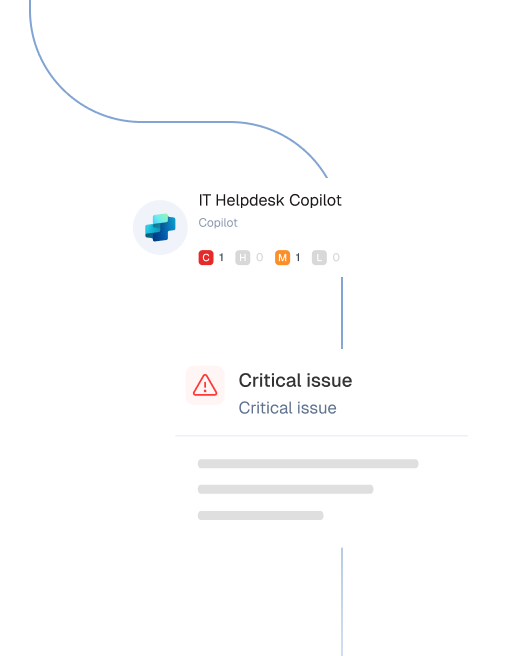 Diagram showing IT Helpdesk Copilot connected to a card labeled Critical issue with warning icon.