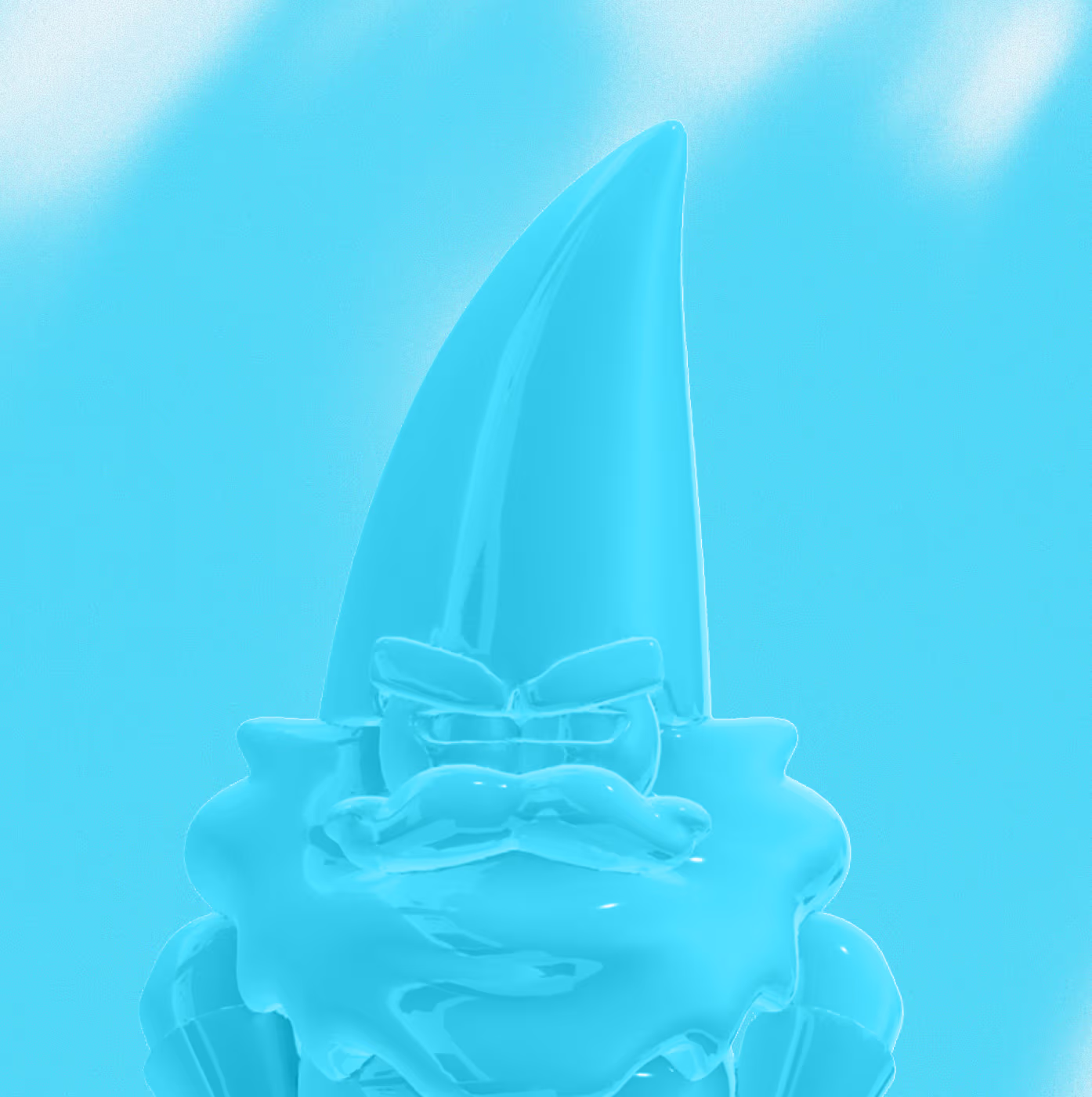 Chrome gnome mascot tinted blue, close-up of hat and beard