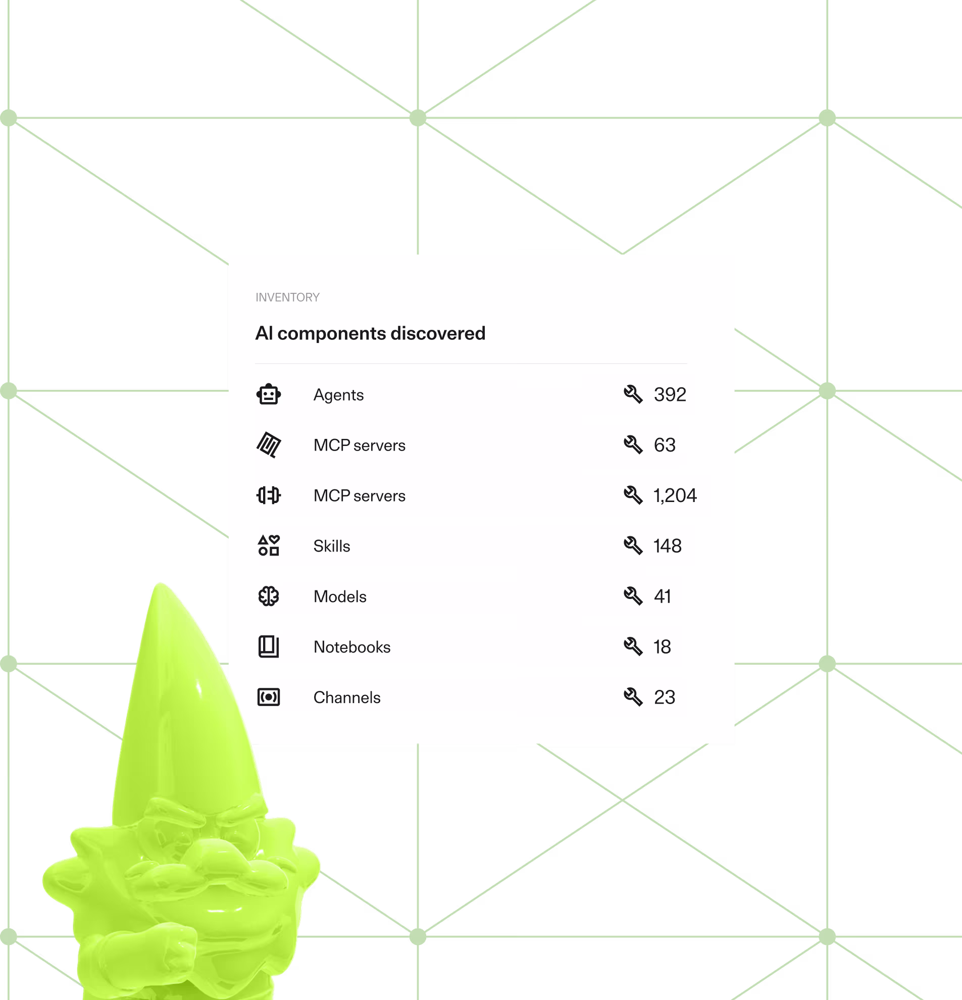 Noma inventory panel of discovered AI agents, MCP servers, skills, models, notebooks and channels, with a lime gnome mascot