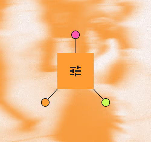 Orange policy node with a settings-sliders icon linked to three colored endpoints on a textured orange background