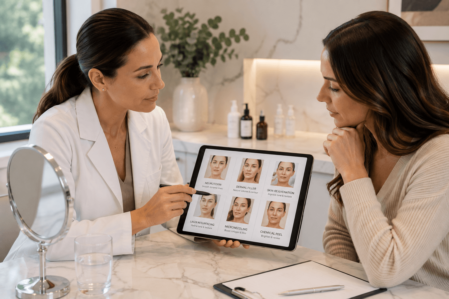 Provider reviewing skin analysis results during an aesthetic consultation in Jacksonville, Florida