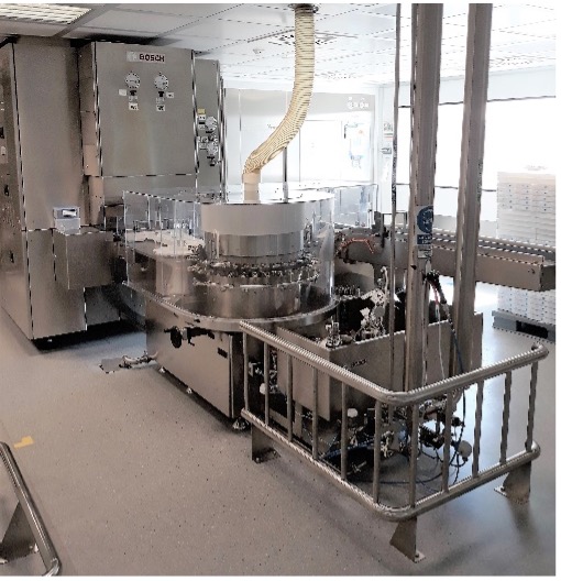 Bosch aseptic vial filling line with rotary vial washer and conveyor in a cleanroom