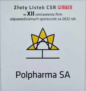 Golden CSR Leaf award plaque from Polityka weekly for 2022, presented to Polpharma SA