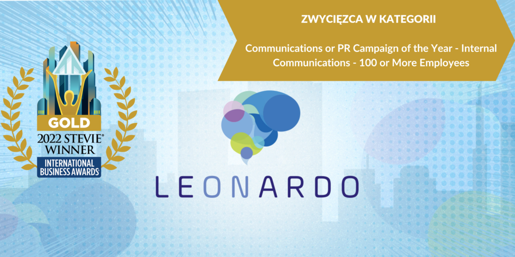Leonardo program logo with 2022 Gold Stevie Winner badge for Communications or PR Campaign of the Year