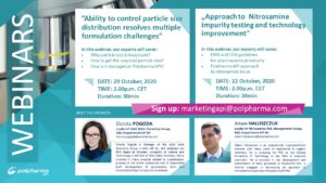 Polpharma webinar banner with photos of speakers Dorota Pogoda and Adam Haluszczuk, dates and topics in October 2020