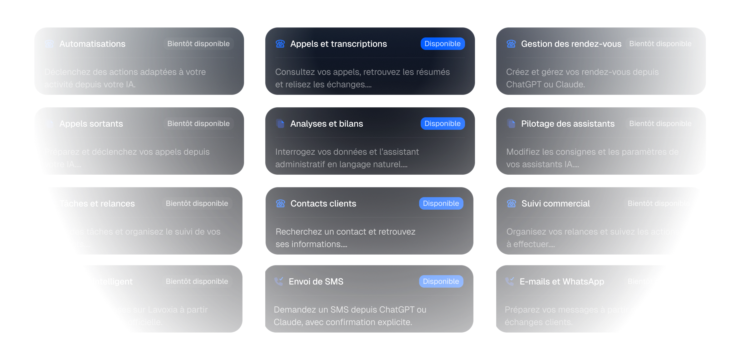 Fonctionnalités Lavoxia Connect dans ChatGPT et Claude : appels et transcriptions, contacts clients, analyses et bilans, envoi de SMS. Toutes disponibles.