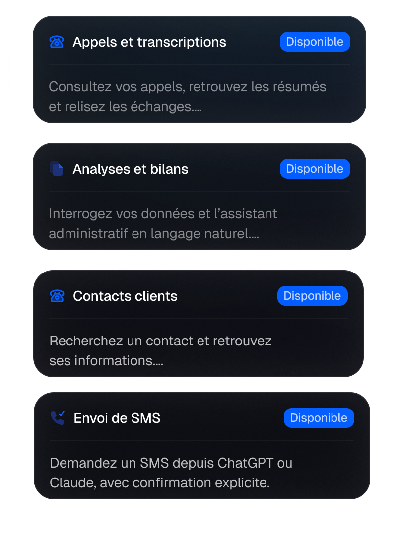 Fonctionnalités Lavoxia Connect sur mobile : appels, analyses, contacts et SMS depuis ChatGPT ou Claude.