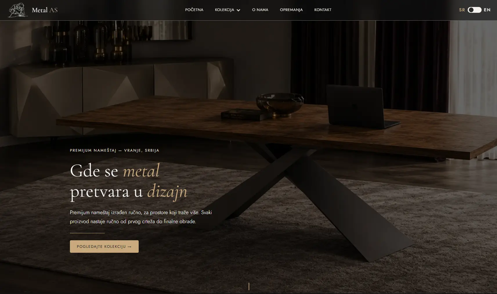 Metal AS premium furniture website  dark gold and cream homepage with a handcrafted wooden dining table