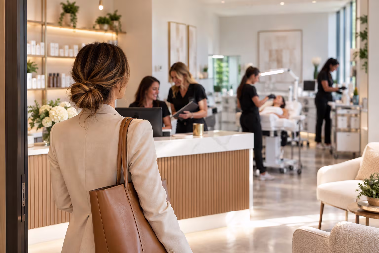 Medspa owner returning to a smoothly operating aesthetic clinic while her team independently manages patients and daily operations.