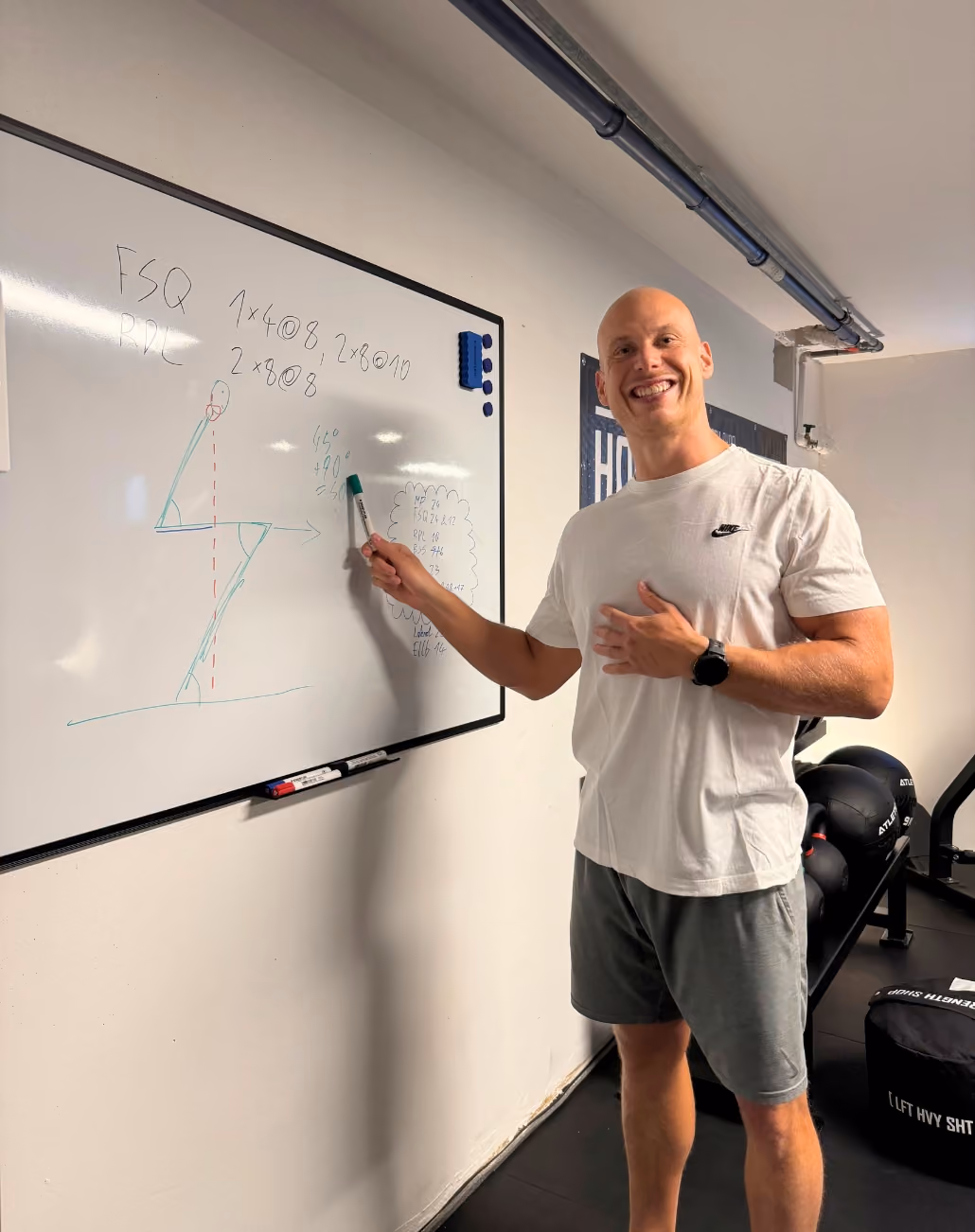 Georg steht in einem Fitnessraum vor einem Whiteboard mit Skizzen und Notizen und zeigt mit einem Marker darauf, während er lächelt.
