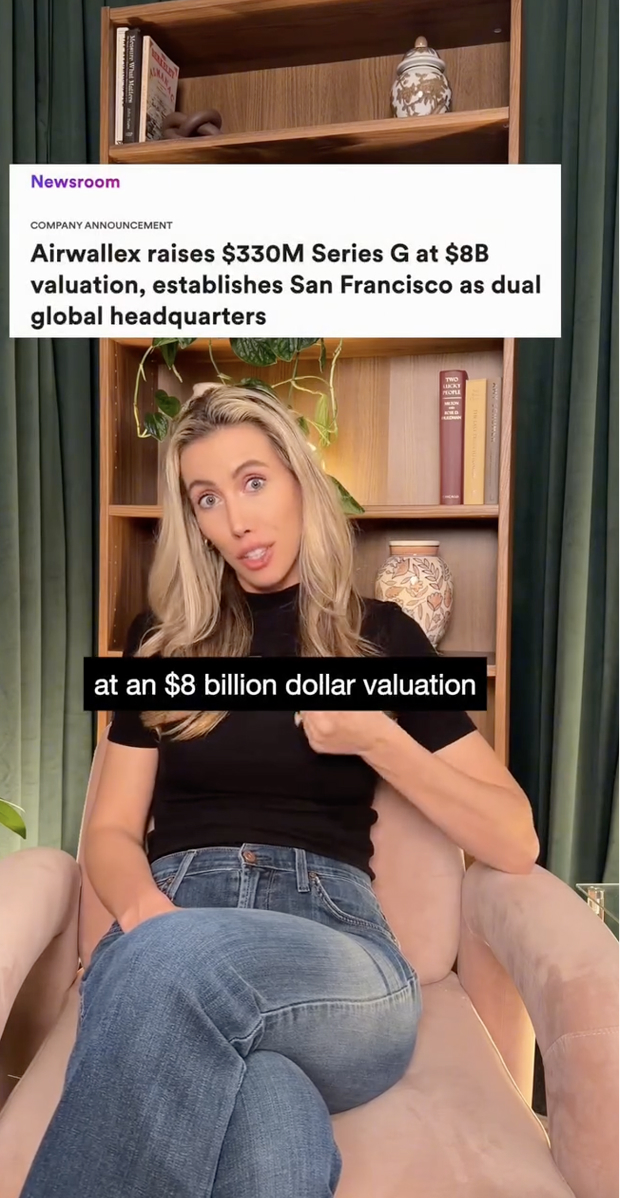 Woman in black shirt and jeans sitting in a chair with bookshelf behind and text about Airwallex funding.
