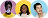 Three diverse smiling people in circle frames with blue, yellow, and purple backgrounds.