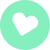 White heart shape tilted inside a mint green circle icon.