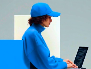 Person in blue cap and sweater using a laptop, typing with code visible on the screen.