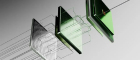 Three connected glass panels with green-tinted edges floating in a transparent grid space.