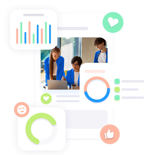 Three people in blue jackets collaborating at a laptop, surrounded by colorful charts and social icons.