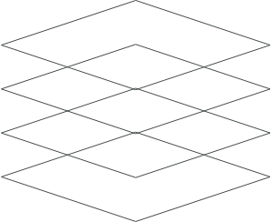 Four overlapping transparent diamond shapes stacked vertically with black outlines on a white background.